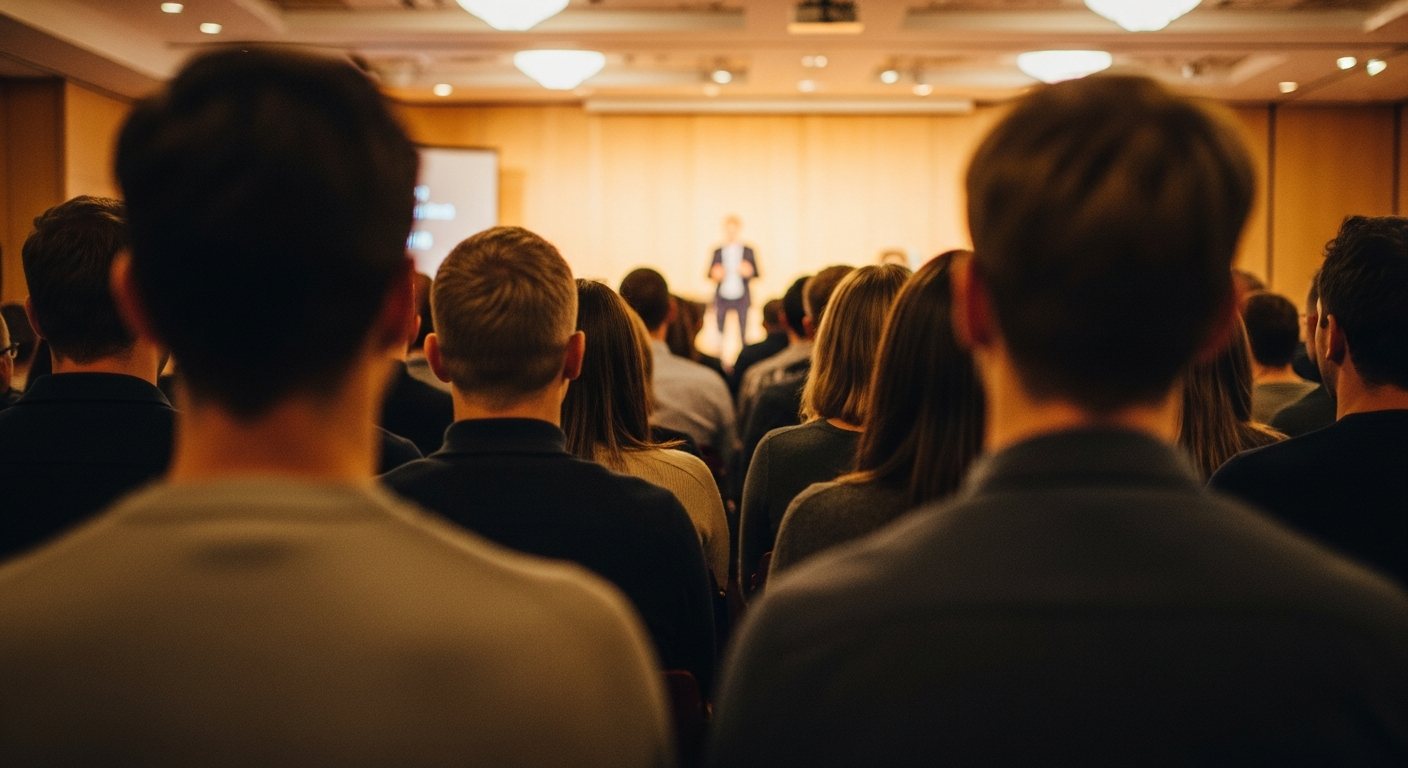 A warm room gathered for a talk