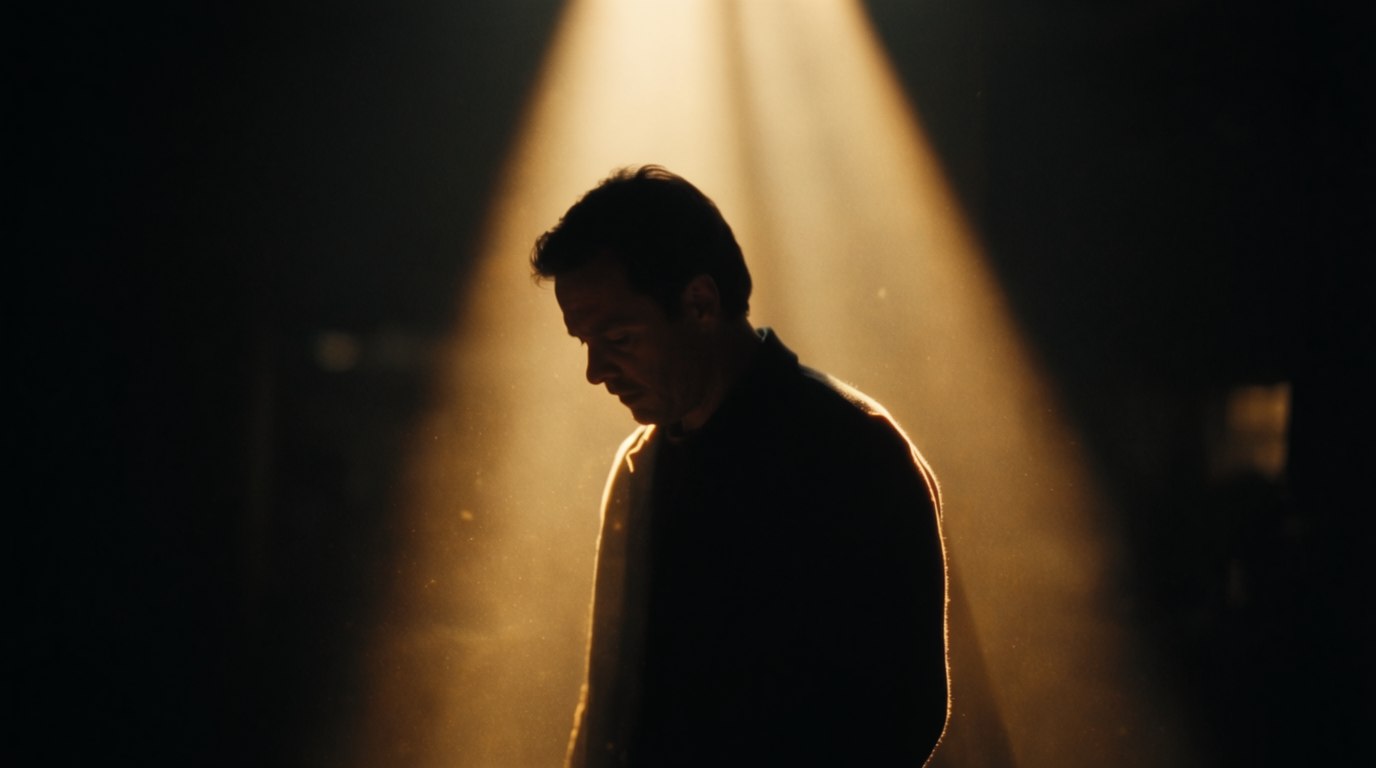 A lone figure in a shaft of warm light